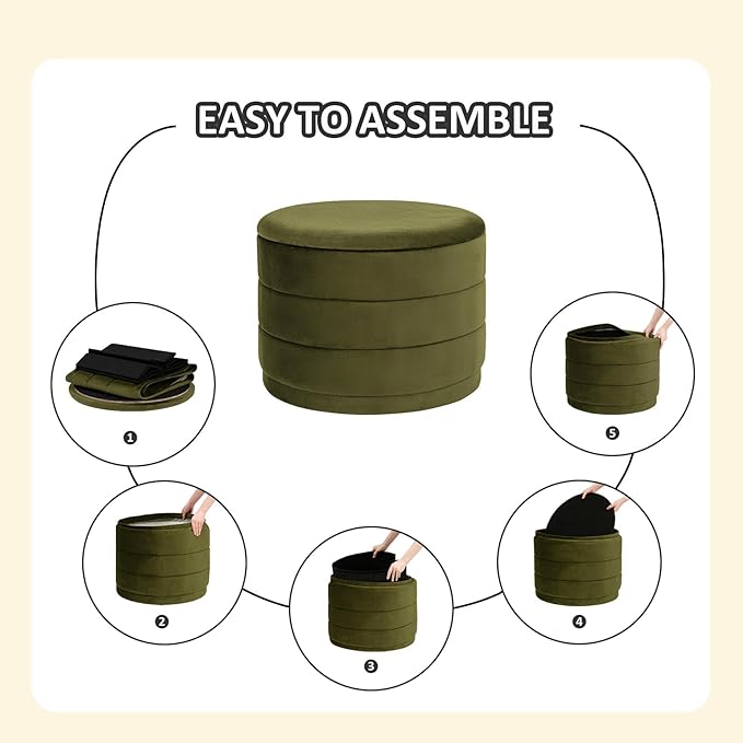 PINPLUS Large Round Velvet Storage Ottoman, Olive Green Upholstered Footstool with Hidden Storage, Sturdy Coffee Table Ottoman for Living Room & Bedroom