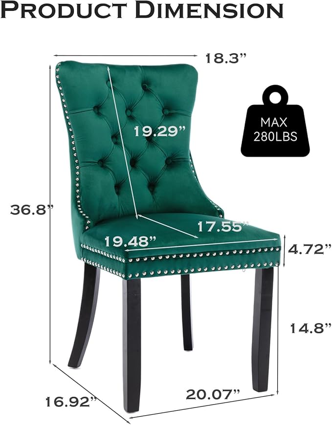 Velvet Upholstered Dining Chairs Set of 6, Modern Style Kitchen Side Chairs with Nailhead Trim and Wood Legs,Metal Pulling Ring for Dining Room Living Room(Green,Set of 6)