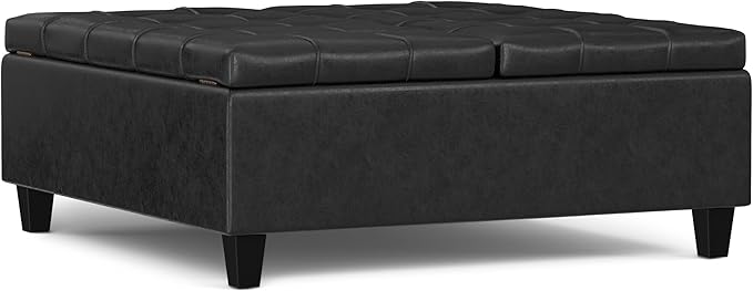 SIMPLIHOME Harrison Large Coffee Table Storage Ottoman - 40 inch Wide Upholstered Vegan Leather Square Lift-Top Ottoman in Distressed Black, Transitional Bench for Living Room with Sturdy Base