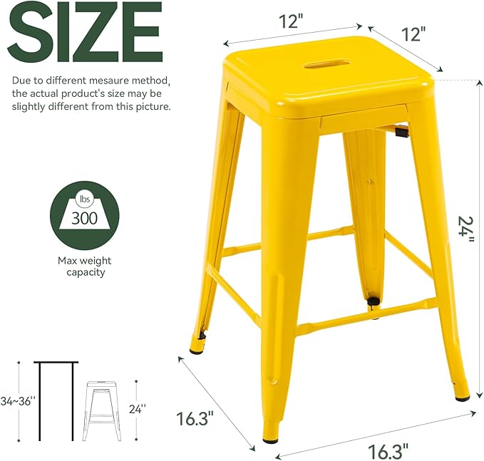 Vogue Furniture Direct 24" High Bar Stools Backless Yellow Metal Barstools Indoor-Outdoor Counter Height Stools with Square Seat, Set of 2 - VF1571019