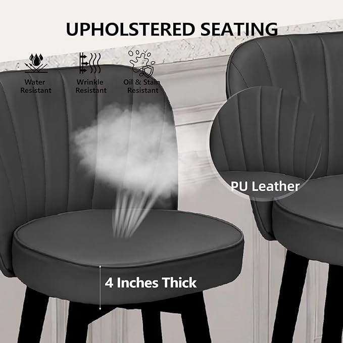 MINCETA Bar Stools Set of 4, PU Leather Barstools, 26 Inch Upholstered Counter Stools with Backrest and Footrest, Swivel Counter Height Barstools for Kitchen Island Home Bar Dark Gray