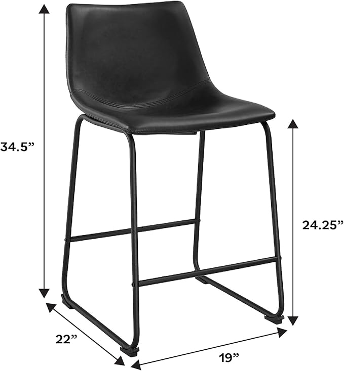 Walker Edison Douglas Urban Industrial Faux Leather Armless Counter Chairs, Set of 2, Black, 20"D x 18.5"W x 34.5"H