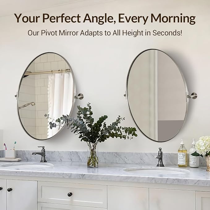 ANDY STAR Brushed Nickel Bathroom Mirror, 24 x 32 Inch Oval Pivot Mirror for Wall, Unique Farmhouse Tilt Mirror in Slim Silver Stainless Steel Metal Frame for Bedroom, Powder Room