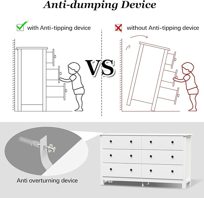 White Dresser, Modern 6 Drawer Double Dresser for Bedroom with Black Knobs, Adults & Kids Wide Dressers & Chests of Drawers for Hallway, Entryway
