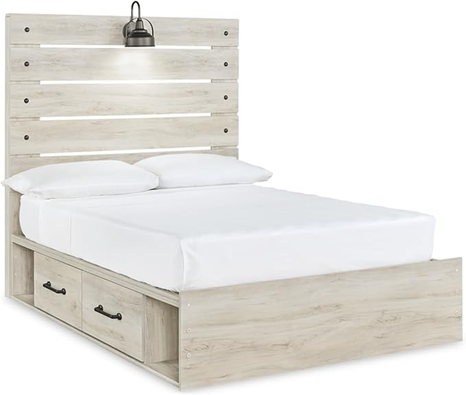 Signature Design by Ashley Cambeck Farmhouse Full Panel Platform Bed with 4 Storage Drawers, Sconce Light and USB Ports, Foundation or Box Spring Not Needed, Whitewash