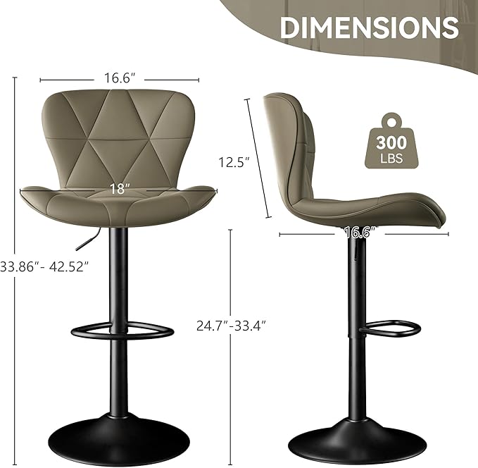 Bar Stools Set of 1,Adjustable Swivel Barstools, Faux Leather Bar Chairs,Upholstered Counter Height with High Backrest for Kitchen Island, Dark Khaki