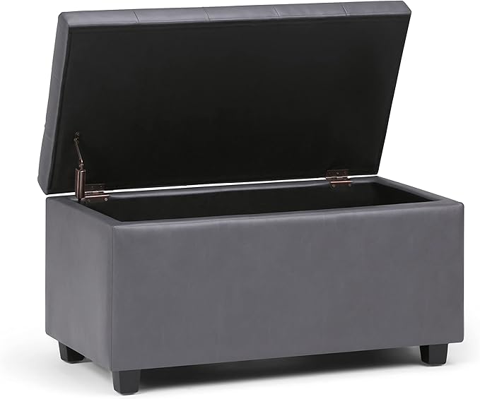 SIMPLIHOME Cosmopolitan Storage Ottoman - 34 inch Wide Upholstered Vegan Leather Rectangle Storage Ottoman Bench in Stone Grey, Transitional Tufted Ottoman for Living Room or Entryway with Lift-Up Lid