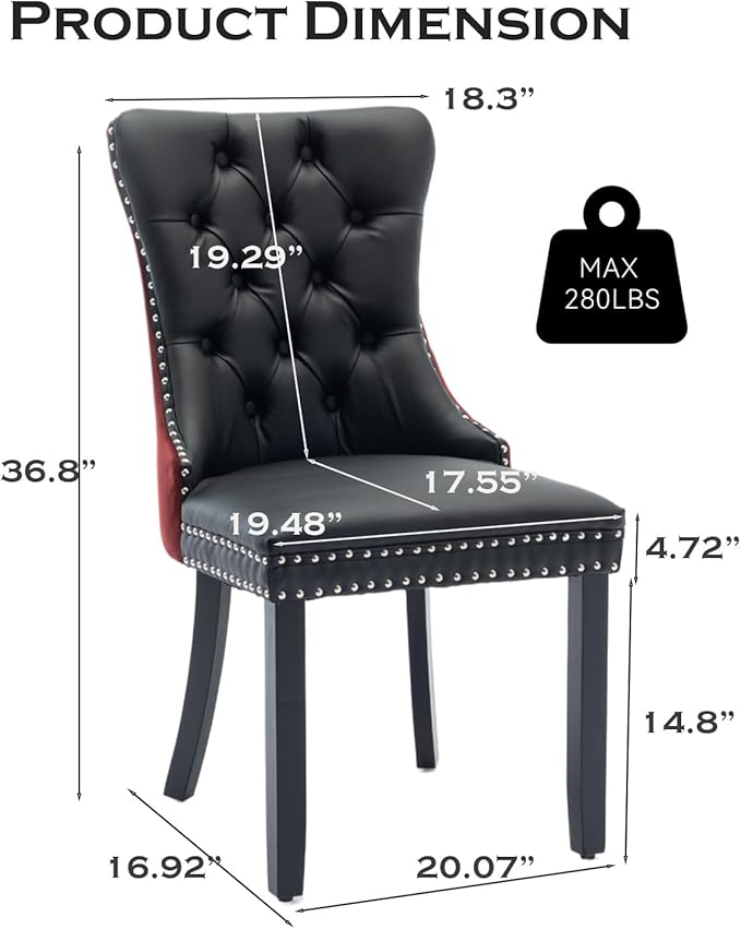 Leather Upholstered Dining Chairs Set of 8, Modern Style Kitchen Side Chairs with Nailhead Trim and Wood Leg, Metal Pulling Ring for Dining Room Living Room(Black&Wine Red)