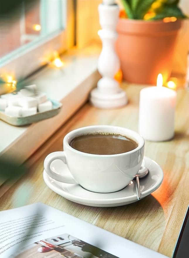 LE TAUCI 8 oz Cappuccino Cups with Saucers, Heavyweight Ceramic Large Coffee Cup for Au Lait, Double shot, Latte, Cafe Mocha, Tea - Dishwasher Safe, Set of 4, White