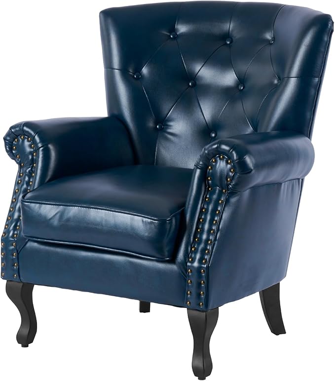 Modern Accent Chair, Mid-Century Faux Leather Armchair with Solid Wood Legs, Single Sofa Club Chair for Living Room, Bedroom, Leisure Room, Reading Room(Navy)