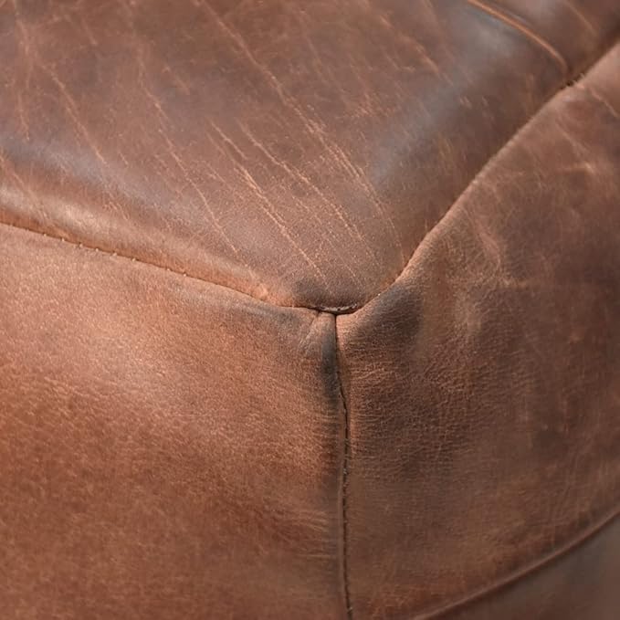 Handmade Eco-Friendly Geometric Leather Pouf Brown Color Square 21" x 21" x 12" Buffalo Leather Pouf for Living Room, Bedroom Seating, Patio
