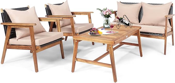 COSTWAY 4 Pieces Acacia Wood Patio Conversation Set, Outdoor Wicker Sofa with Coffee Table & Cushions, Patio Rattan Furniture Set for Yard, Porch, Poolside, Balcony, Backyard, Beige