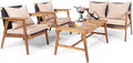 COSTWAY 4 Pieces Acacia Wood Patio Conversation Set, Outdoor Wicker Sofa with Coffee Table & Cushions, Patio Rattan Furniture Set for Yard, Porch, Poolside, Balcony, Backyard, Beige
