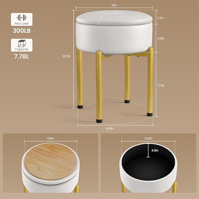 18-Inch Leather Vanity Stool Chair with Storage, Vanity Bench with 4 Golden Metal Legs & Anti-Slip Adjustable Feet,Round Storage Ottoman Stool with Removable Soft Padded Seat, White