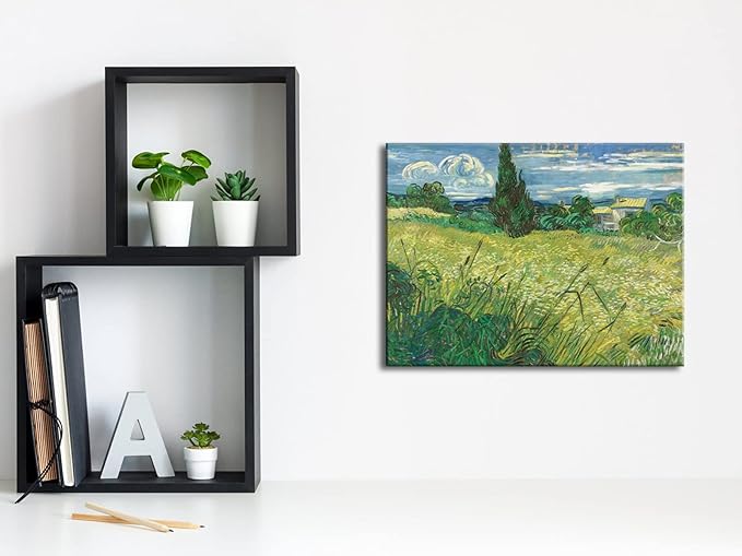 Wieco Art Modern Abstract Giclee Canvas Prints Wall Art Green Field 1889 by Van Gogh Famous Oil Paintings Reproduction Artwork Stretched and Framed Landscape Picture for KitchenDecoration