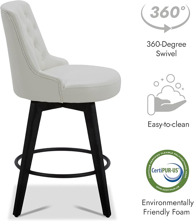 Watson & Whitely Modern Swivel Bar Stools, Faux Leather Upholstered Counter Height Bar Stool with Back, Solid Wood Legs, 26" H Seat, Set of 2, White