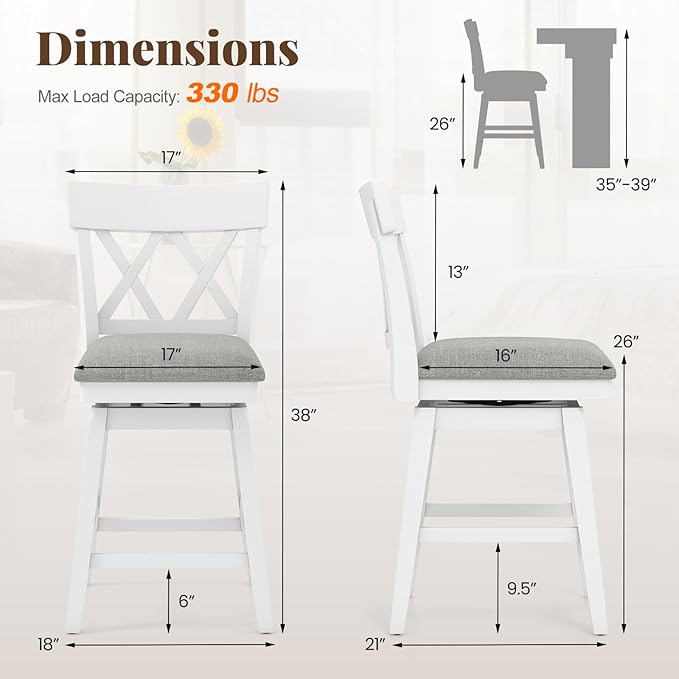 COSTWAY Bar Stool Set of 4 for Kitchen Island, 26" Counter Height Chair with Ergonomic Backrest, Foot Rest, Padded Seat & Solid Wood Structure, 360°Swivel Farmhouse Barstool with Back