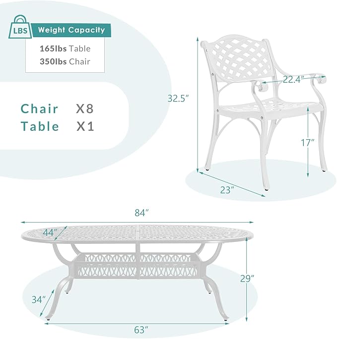 MEETWARM 9-Piece Outdoor Patio Dining Set, 8 Outdoor Dining Chairs and 1 Oval Table with 2" Umbrella Hole, All Weather Cast Aluminum Patio Funiture Set for Backyard, Garden, Patio,White
