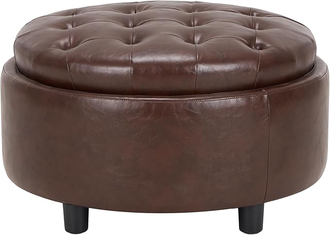 COLAMY Round Leather Storage Ottoman with Reversible Tray Lid – Multi-Functional Footrest, Hidden Storage, Sturdy & Stylish Small Coffee Table for Living Room, Bedroom, or Entryway(Brown)