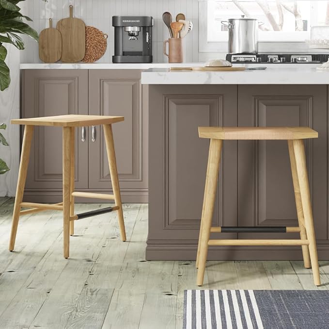 Thor Wicker Premium Solid Wood Counter Stool 24", Set of 2, Backless Counter Height Stool with Hand-Knitted Rope, Eco-Friendly Modern Design (Light Oak)