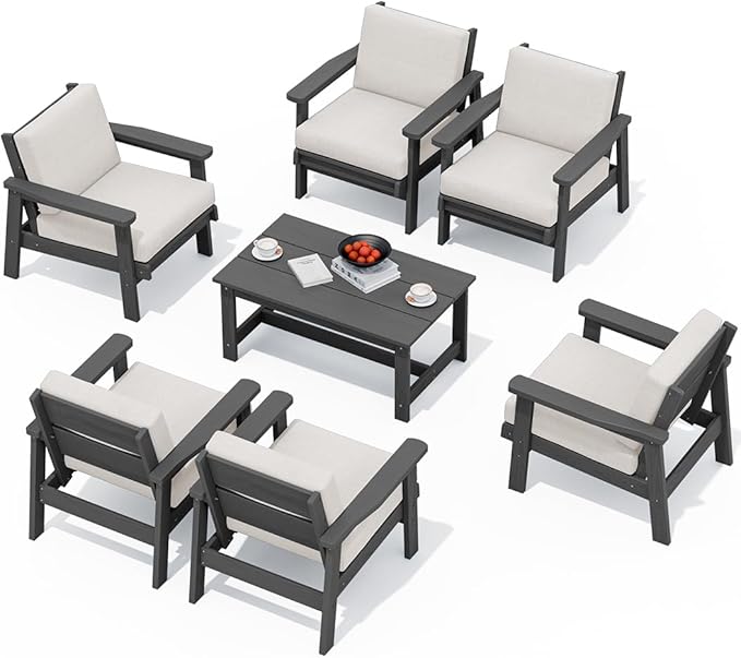 SERWALL HDPE Outdoor Furniture Set, 7 Piece All Weather Wood-Like Outdoor Sofa Sectional Couch, Grey Patio Furniture Set with Khaki Cushions