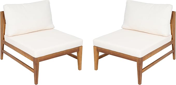 Christopher Knight Home Suri Set of 2 Acacia Wood Lounge Chair Outdoor, Contemporary Accent Chair Set with Weather Resistant Cushion, Deep Seating Armless, Comfy Patio Chairs, Teak + Cream