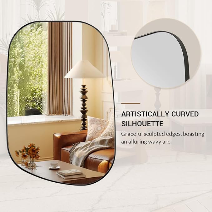 ANDY STAR 22"x30" Black Bathroom Mirror, Irregular Wall Mirror in Stainless Steel Metal Frame, Modern Matte Black Finish with Curved Edge Design, Wall-Mount Vertically or Horizontally