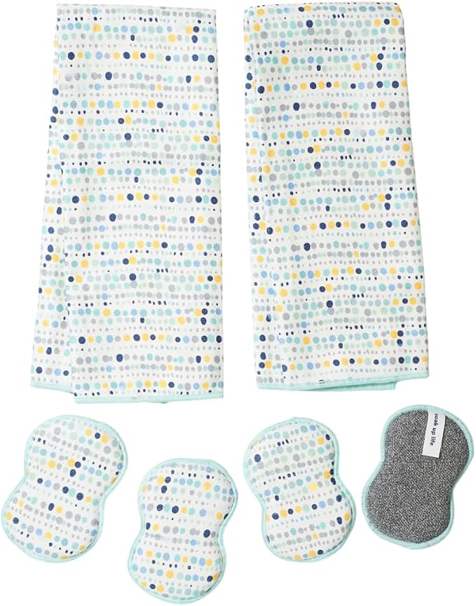 Kitchen Towel and Sponge Set Blue, 6 Piece Super Absorbent Reusable Quick Dry Towels and Washable Sponges Made from Recycled Materials, Durable Eco Friendly Cleaning Set for Kitchen