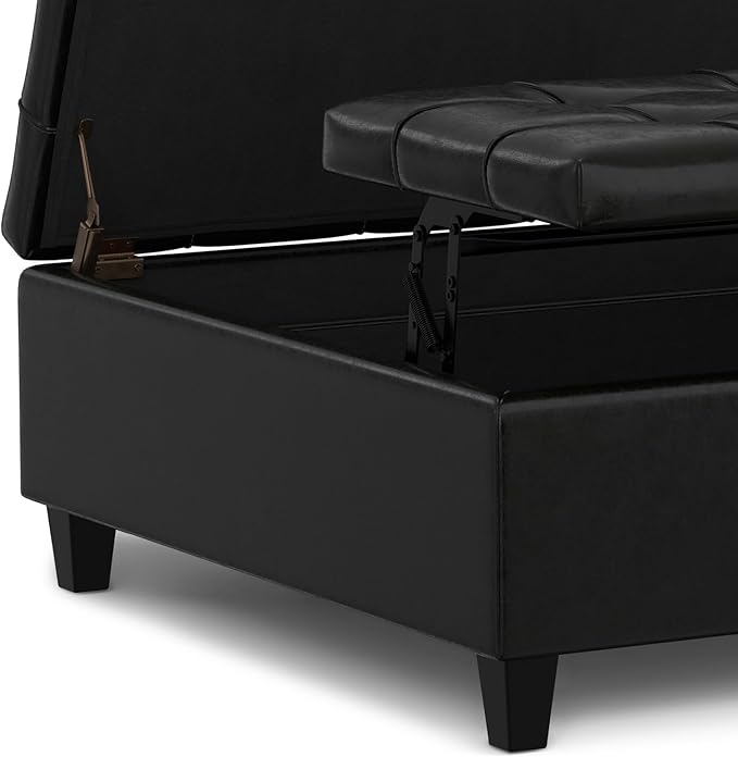 SIMPLIHOME Harrison Large Coffee Table Storage Ottoman - 40 inch Wide Upholstered Vegan Leather Square Lift-Top Ottoman in Midnight Black, Transitional Bench for Living Room with Sturdy Base