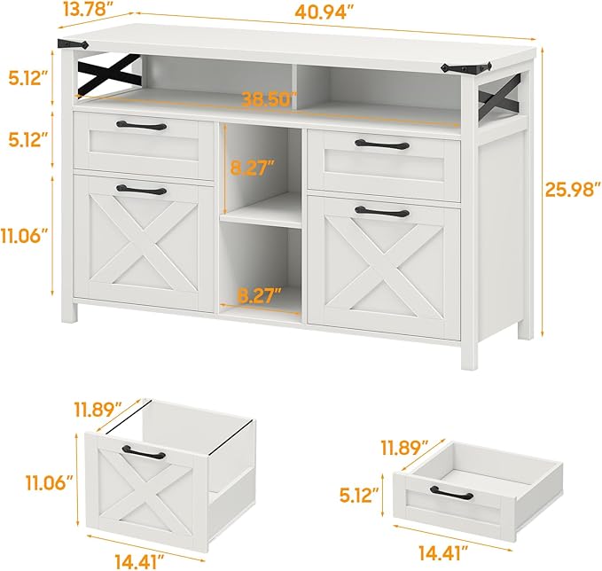 Filing Organization Storage Cabinets 4 Drawer with Adjustable Shelf, Lateral Filing Cabinet with Open Storage Shelf for Home Office, Farmhouse File Cabinets for Hanging Files Letter/A4.(White)