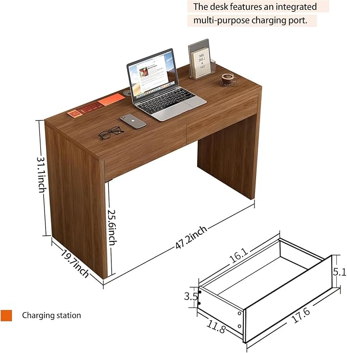 Executive Desk with Drawers, Computer Desk with Drawers with Pre-Embedded Slots, 47 inch Modern Walnut Home Office Desk with Charging Station for Study, Living Room, Bedroom