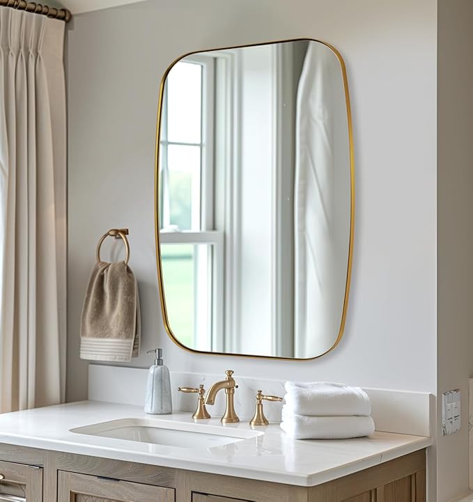 ANDY STAR Gold Mirror for Bathroom, 28x36 Inch Stainless Steel Metal Frame Oblong Bathroom Mirror for Vanity, 1’’ Deep Wall Mounted Vertically/Horizontal