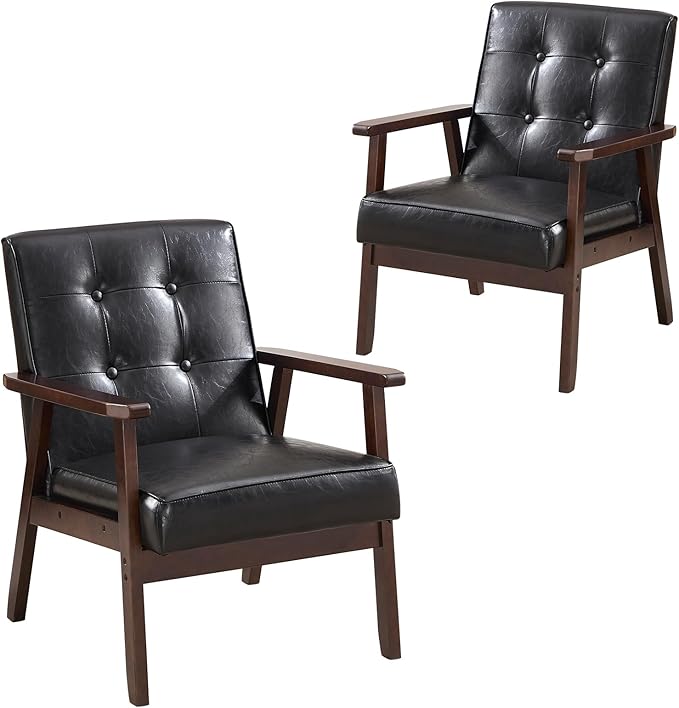 ANJ Mid Century Modern Accent Chairs, Set of 2, Black Faux Leather, Button Tufted with Wood Frame, Living Room Armchairs