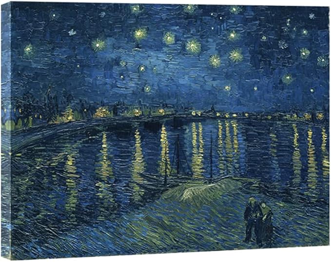 Wieco Art Starry Night Over The Rhone by Van Gogh Classical Oil Paintings Reproduction Large Modern Stretched and Framed Canvas Print Wall Art Seascape Pictures Giclee Artwork for Home Office Decor