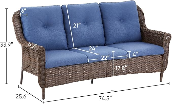 Patio Couch Outdoor Wicker Sofa - Heavy Duty All-Weather Brown Rattan 3-Seater with High Back and Comfortable Thick Cushions for Garden Back Porch Poolside Apartment - Navy Blue