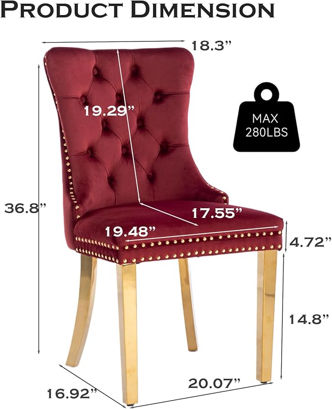Velvet Upholstered Dining Chairs Set of 8, Modern Style Kitchen Side Chairs with Nailhead Trim and Gold Plated Leg, Metal Pulling Ring for Dining Room Living Room(Wine Red-Gold Plated Leg)