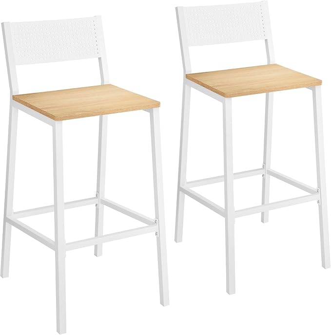 VASAGLE Bar Stool Set of 2, Bar Chairs for Kitchen, Dining Room, Industrial, Oak Beige and White ULBC070W09