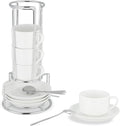 3 Ounce Espresso Cups Set of 4, Stackable Demitasse Mugs, Includes Display Stand, Cups Saucers, and Spoons, for Machines & Home Use, White Silver Tone