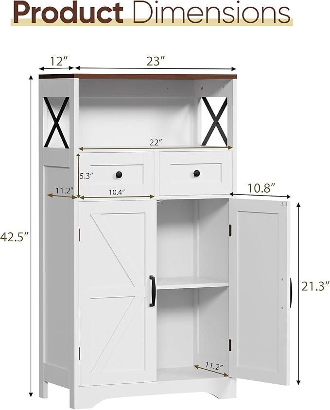 SUPER DEAL Farmhouse Storage Cabinet, Bathroom Floor Cabinet Kitchen Pantry with Doors and Drawers, Hutch Cupboard for Laundry, Living Room, Bedroom, White