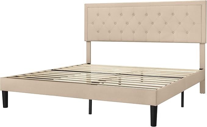 Allewie King Size Fabric Upholstered Bed Frame with Diamond Button Tufted/Adjustable Headboard/Wood Slat Support/Mattress Foundation/Beige