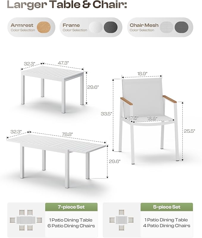 Expandable Outdoor Patio Dining Table Set for 6-8 Person, Aluminum Outdoor Table and 6 Chairs with Textilene Fabric & HDPS Armrest, All-Weather Patio Furniture Set for Yard, Garden, White