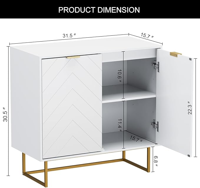 Scurrty 94.5" Large Sideboard Buffet, Storage Cabinet with Golden Legs, Black Sideboard Storage Cabinet with 6 Doors and Adjustable Shelf, Accent Cabinet for Living Room, Kitchen,White