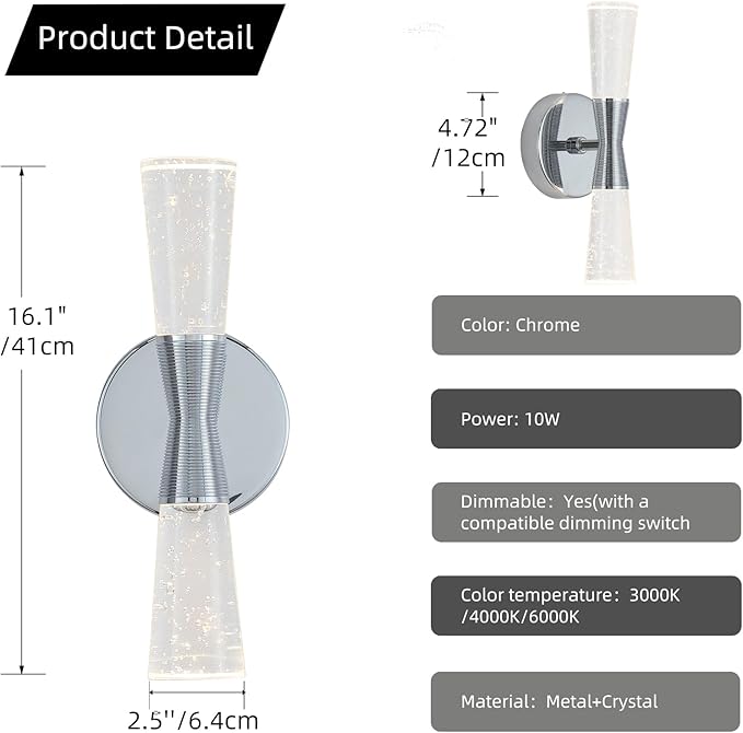 JoollySun Crystal Wall Sconces Indoor: Dimmable 3-Color (3000K-6000K) LED Bathroom Lighting for Hallway Bedroom