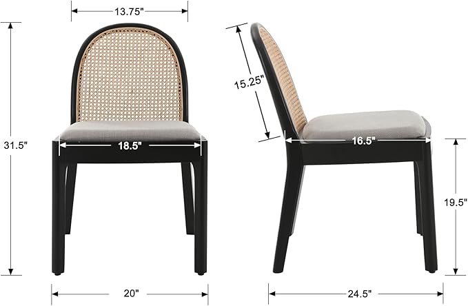 Rattan Dining Chairs Set of 2, Modern Dining Room Chairs with Cane Back Comfy Accent Kitchen Chair Upholstered Linen Fabric Chair for Restaurant/Living Room, Grey