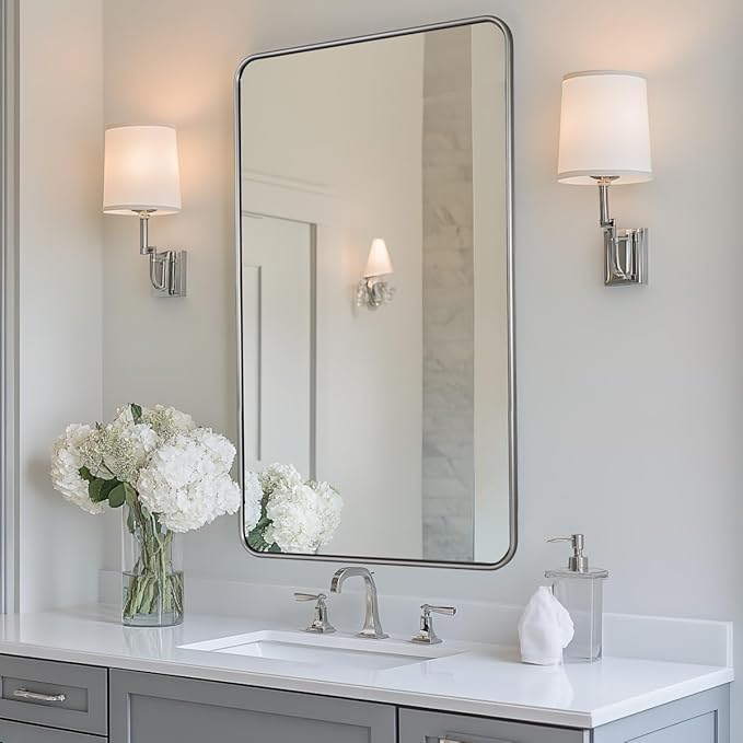 ANDY STAR Wall Mirror for Bathroom, 24x40 Inch Brushed Nickel Rectangle Bathroom Mirror for Over Sink, Modern Silver Rectangular Mirror for Vanity with Non-Rusting Tube Metal Frame, Explosion-Proof