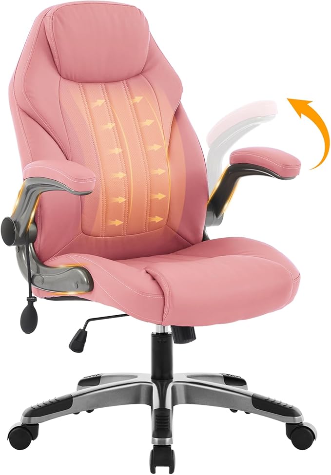 Office Desk Chair, Ergonomic Computer Chair with Padded Flip-Up Arms and Adjustable Lumbar Support, PU Leather Executive Chair with Tilt Lock and 360° Swivel Rolling Wheels for Work, Study
