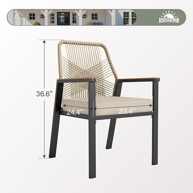 Patio Dining Chairs Set of 2, Heavy-Duty Woven Rope Outdoor Chairs with Waterproof Cushion and Wrought Iron Frame, All-Weather Outside Seating for Kitchen Garden Deck Backyard