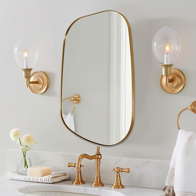 ANDY STAR Gold Bathroom Mirror, 22"x30" Brushed Brass Asymmetrical Wall Mirror in Stainless Steel Metal Frame, Unique Vanity Mirror with Modern Curved Design, Ideal for Bathroom, Bedroom, Entryway