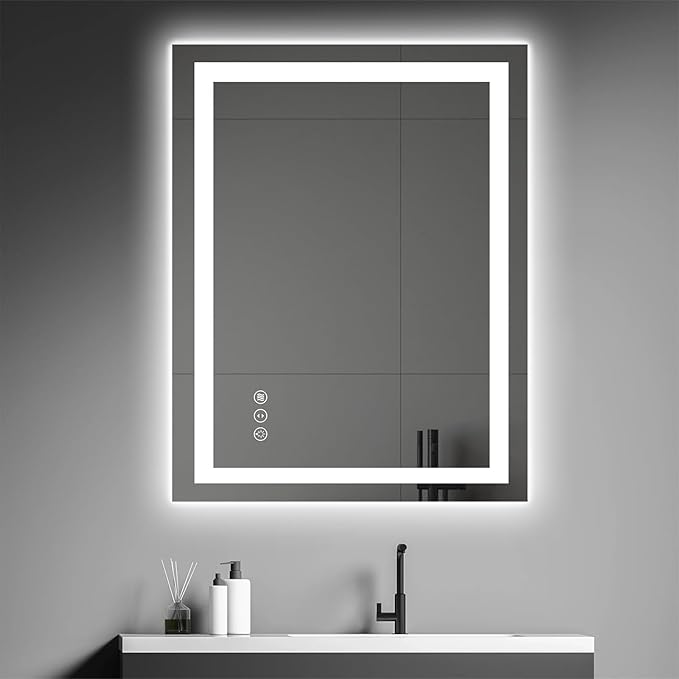 Awoco 28''x36'' LED Bathroom Mirror with Light, Lighted Vanity Mirror with Backlit and Front Light, Dimmable Anti-Fog Memory Function Lighted Mirror with 3 Colors for Bathroom Wall