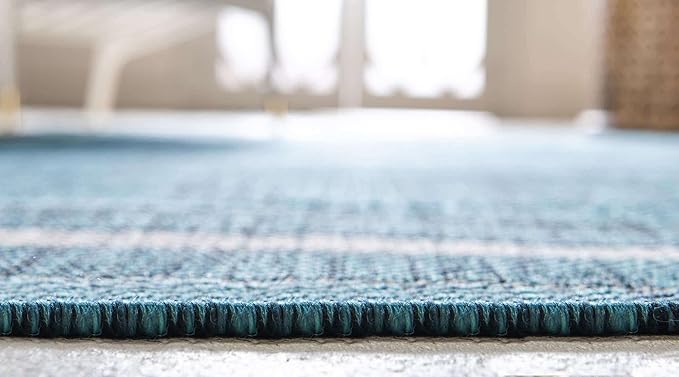 Unique Loom Outdoor Border Collection Area Rug - Soft Border (10'x 13' Rectangle, Teal/ Ivory)
